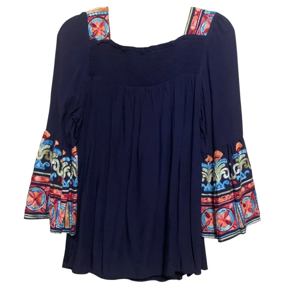Cowgirl Legend Women’s Tunic Blue Turquoise Beads Embroidered‎ Peasant Blouse.
